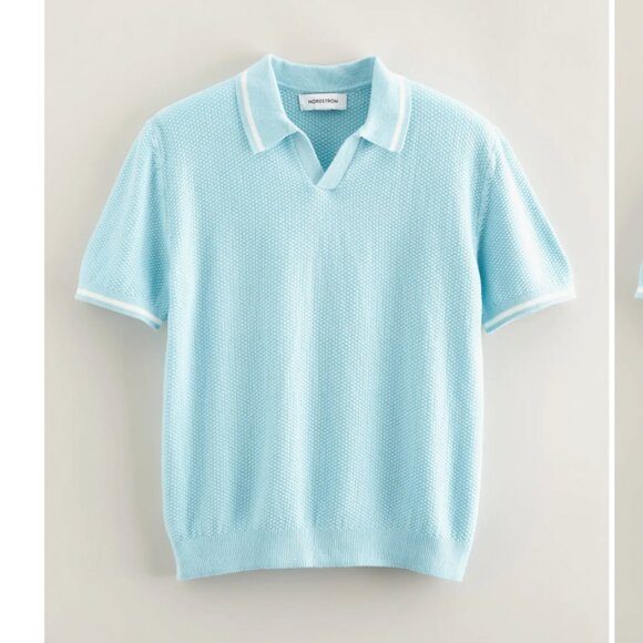 Nordstrom Other - Nordstrom Blue Textured Knit Cotton Johnny Collar Short Sleeve Polo Sweater 8/10